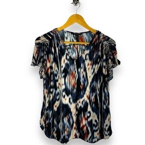 Liverpool Shirred V-Neck Dolman Top w/Tie Details, Blue/White Ikat, Size Large